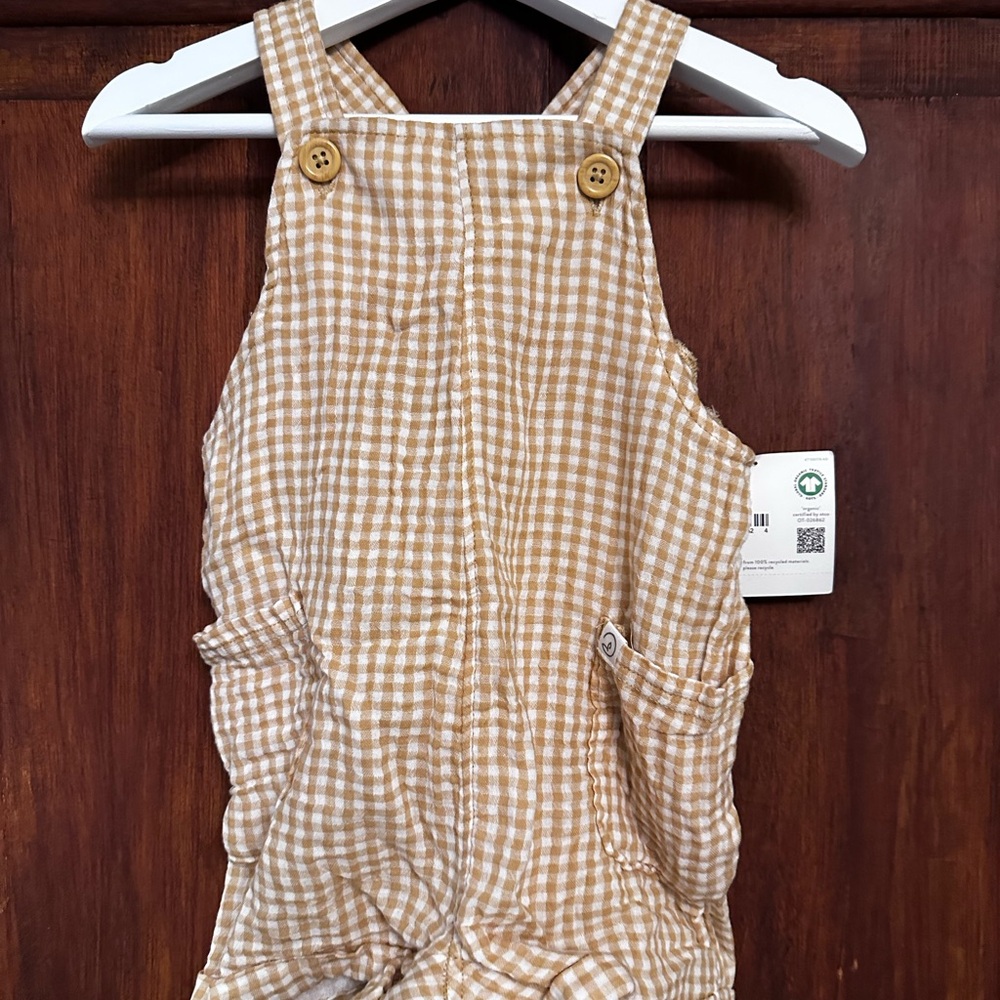 Blue Planet Organic Cotton White and Mustard Overalls with Gingham Pattern